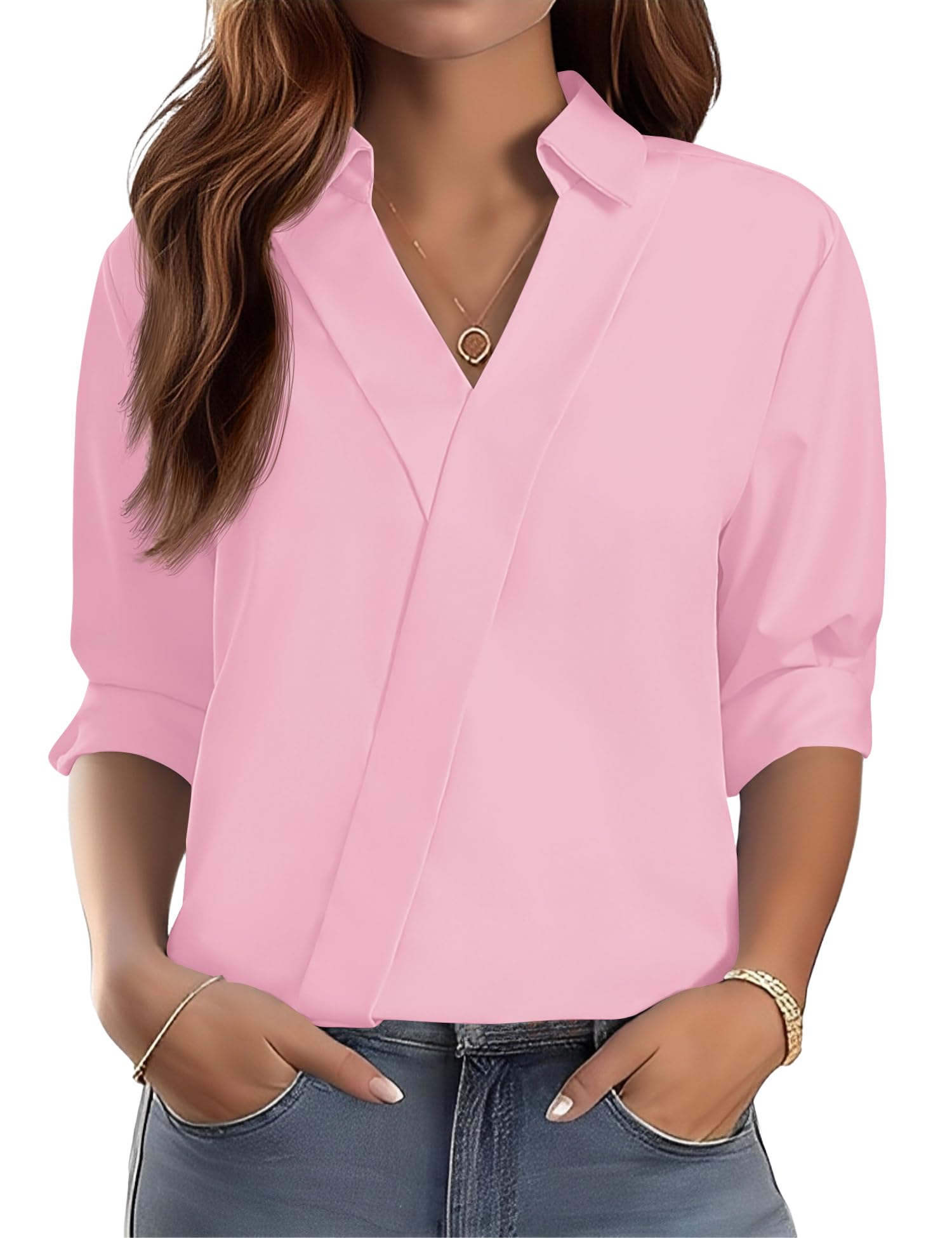 LOMON 3/4 Length Sleeve Womens Tops Dressy V Neck Collared Shirts Trendy Business Casual Work Blouses Vacation Outfits 2026