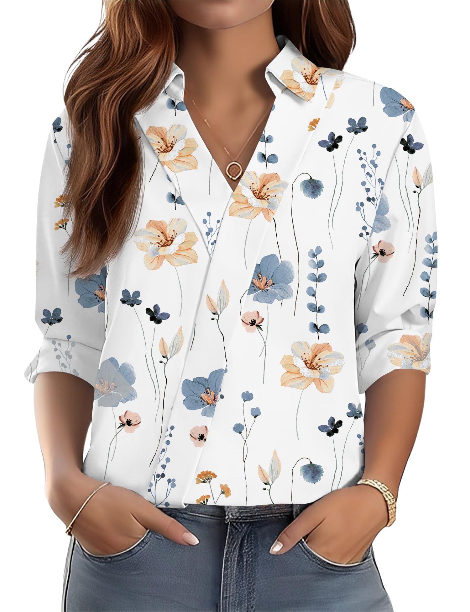 LOMON 3/4 Length Sleeve Womens Tops Dressy V Neck Collared Shirts Trendy Business Casual Work Blouses Vacation Outfits 2026