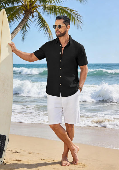 COOFANDY Mens Button Down Shirt Short Sleeve Casual Shirts Linen Textured Summer Beach Shirts