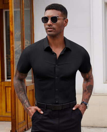 Lion Nardo Stretch Dress Shirts for Men Short Sleeve Slim Fit Casual Button Down Shirts Muscle Fit Men's Dress Shirts