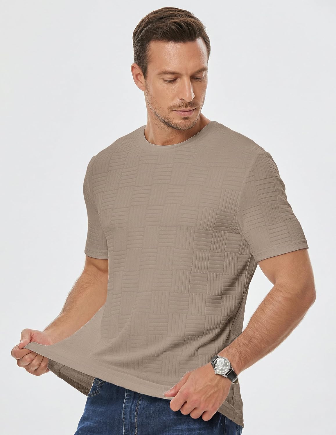 JMIERR Mens T-Shirt Casual Stretch Solid Crewneck Short Sleeve Tees Textured Shirts