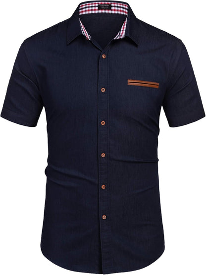 COOFANDY Men's Cotton Casual Short Sleeve Button Down Shirt Plaid Collar Denim Work Shirts