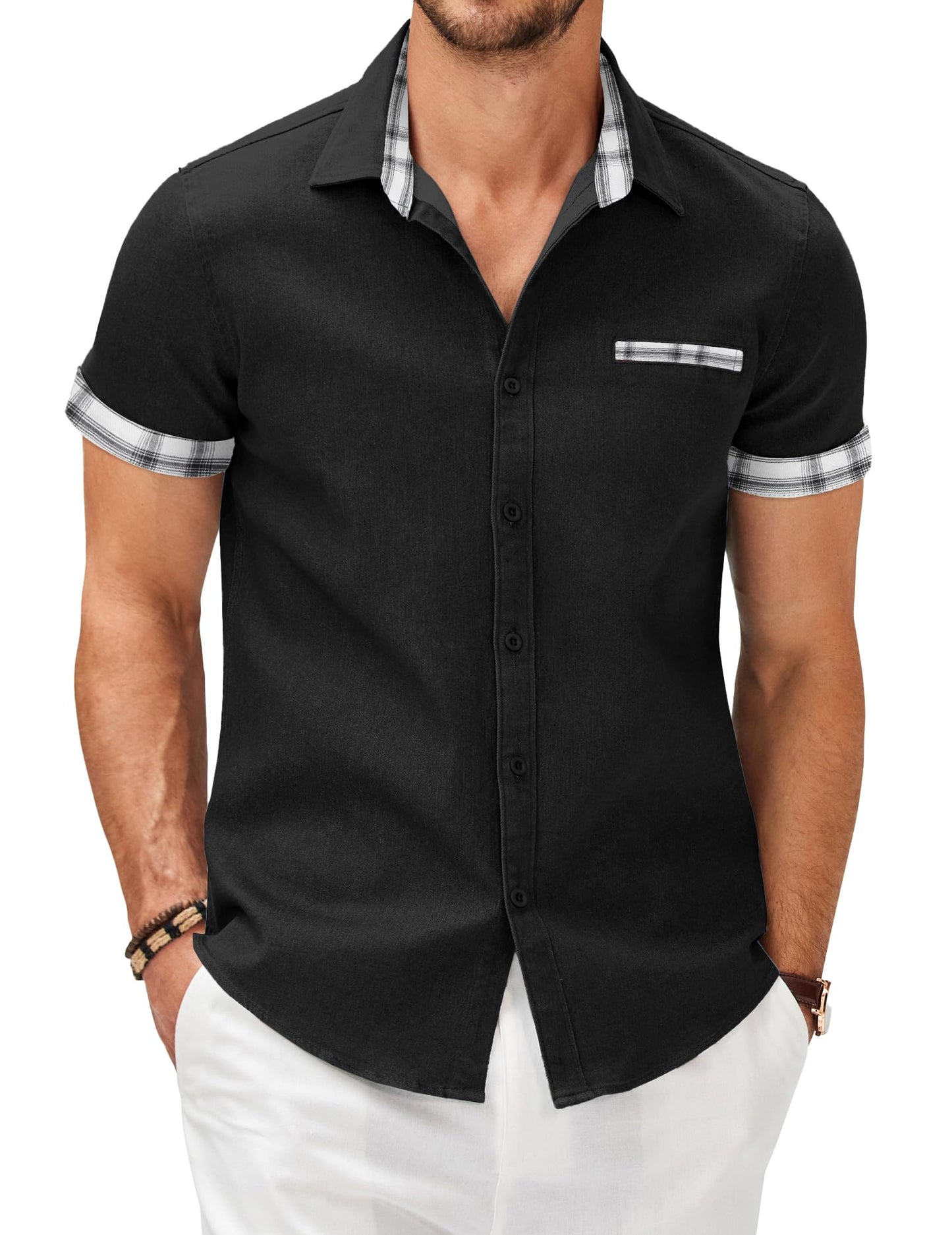COOFANDY Men's Cotton Casual Short Sleeve Button Down Shirt Plaid Collar Denim Work Shirts