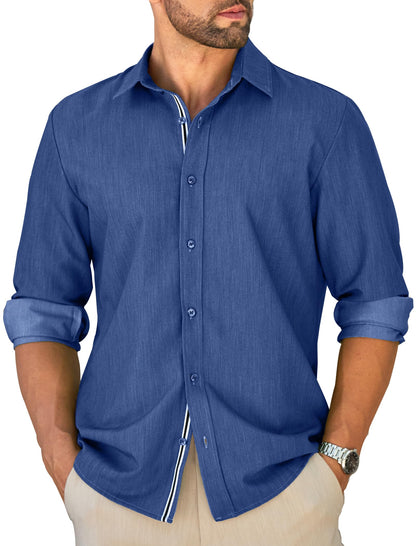 MAPICK Mens Untucked Dress Shirt Stretch Wrinkle Free Button Down Shirt Long Sleeve Business Casual Lightweight Denim Texture