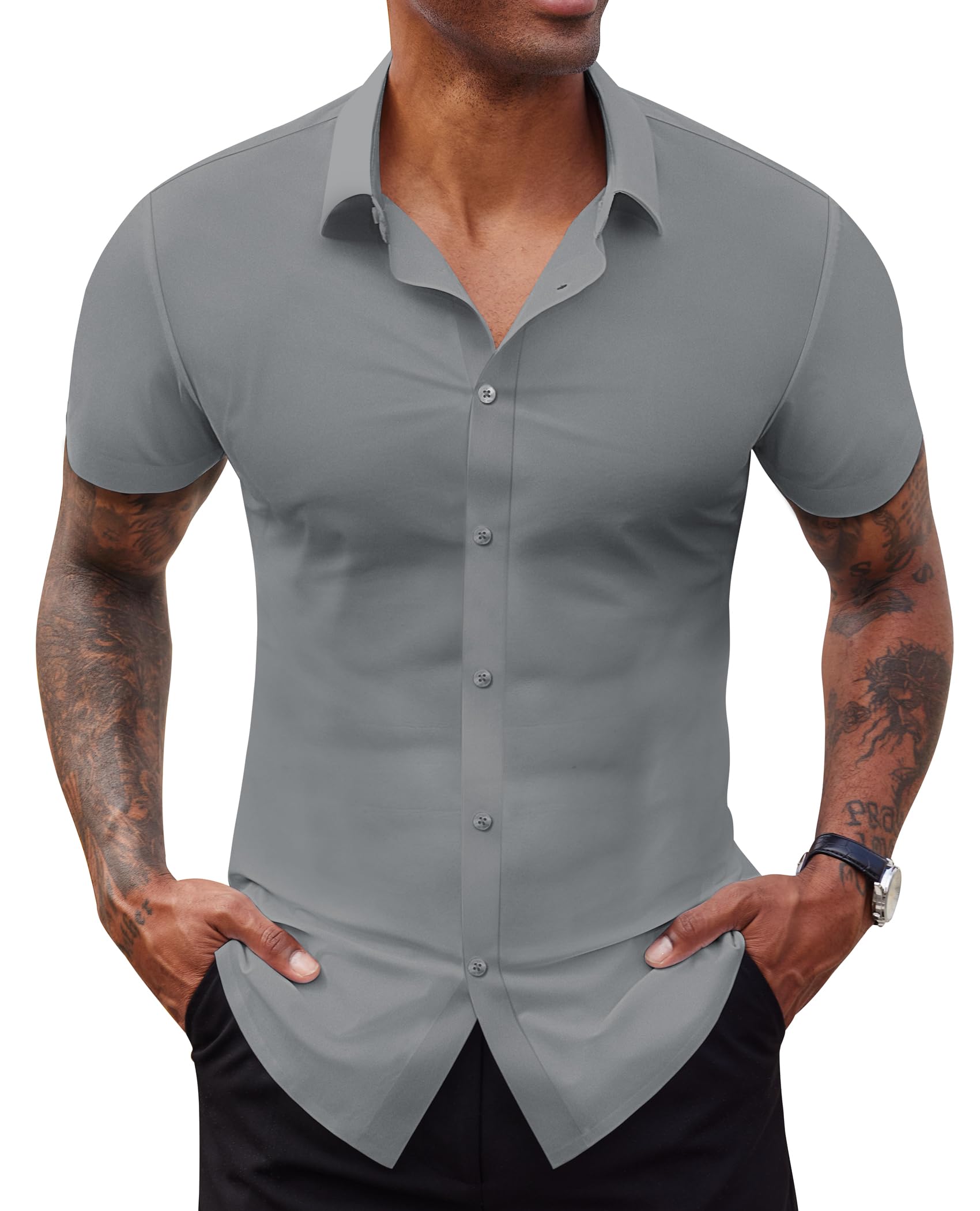 Lion Nardo Stretch Dress Shirts for Men Short Sleeve Slim Fit Casual Button Down Shirts Muscle Fit Men's Dress Shirts