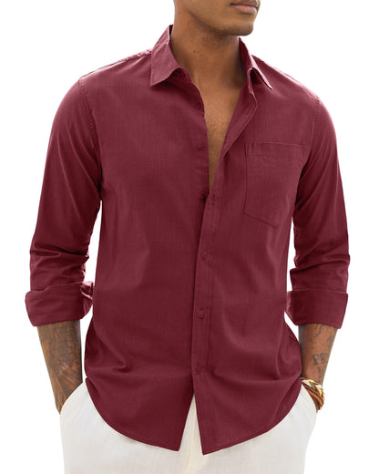 Alimens & Gentle Mens Cotton Linen Textured Shirt Long Sleeve Button Down Shirts Casual Summer Beach Wedding Tops with Pocket
