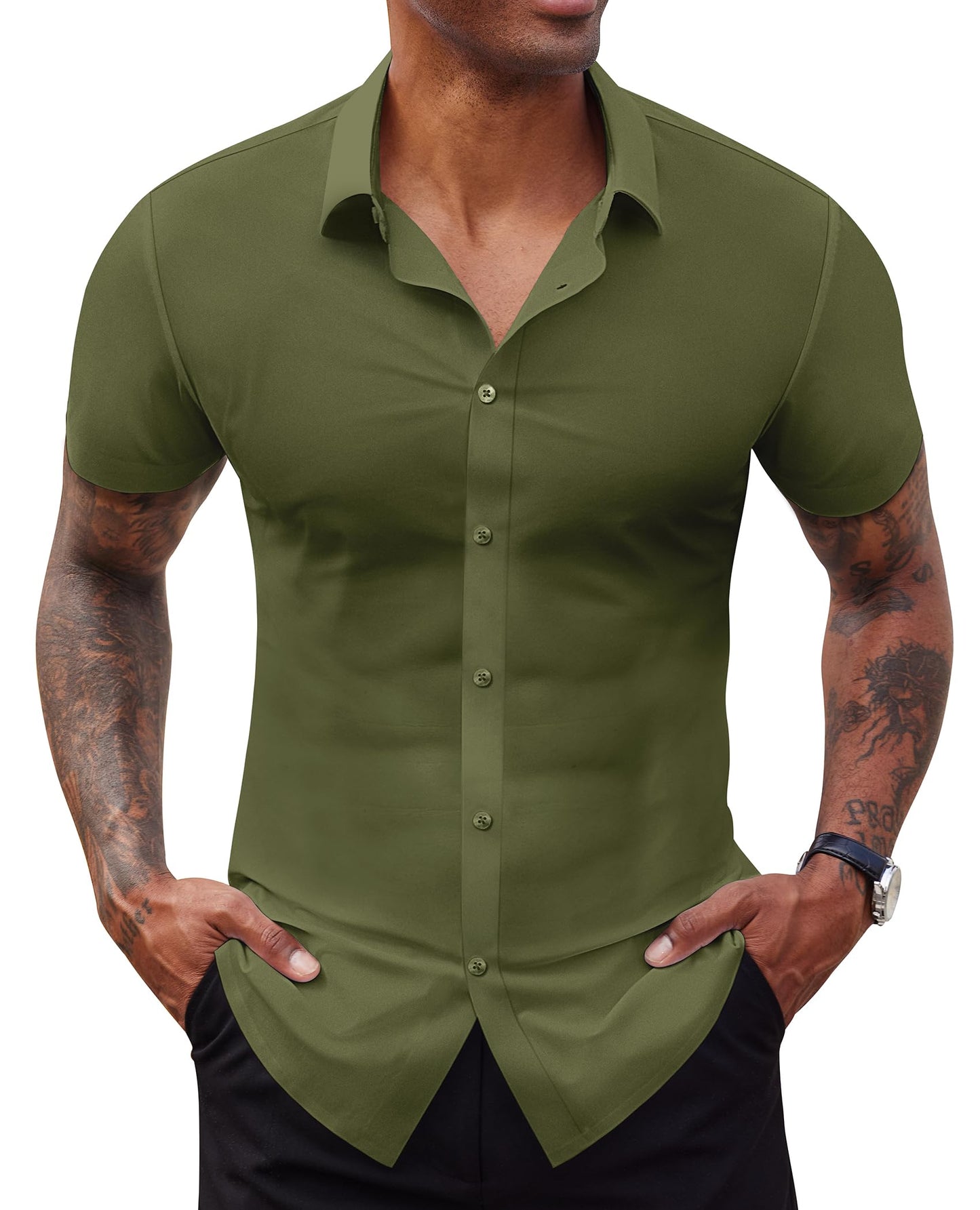 Lion Nardo Stretch Dress Shirts for Men Short Sleeve Slim Fit Casual Button Down Shirts Muscle Fit Men's Dress Shirts