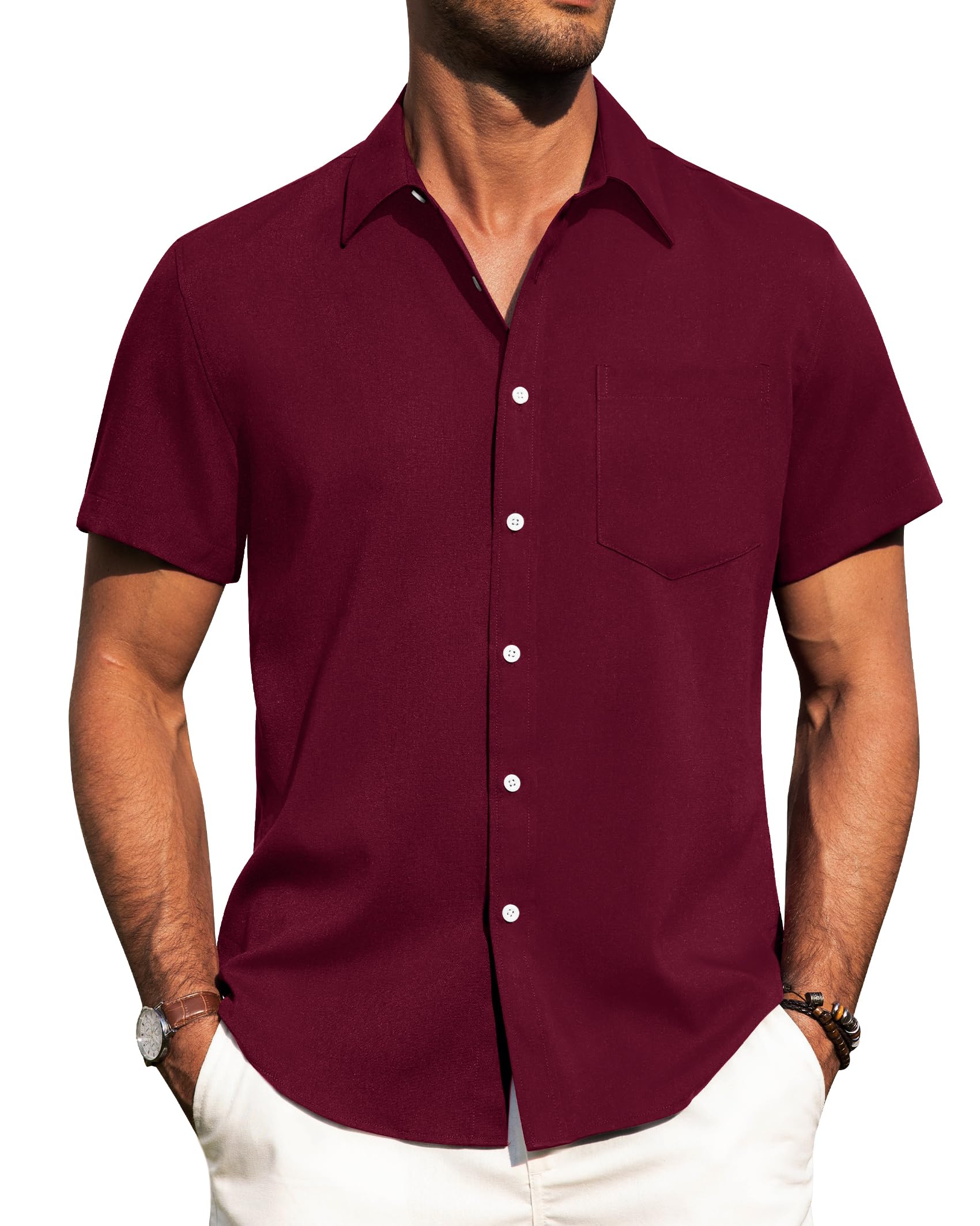Alimens & Gentle Mens Linen Shirts Short Sleeve Button Down Shirts Wrinkle Free Casual Vacation Beach Summer Tops