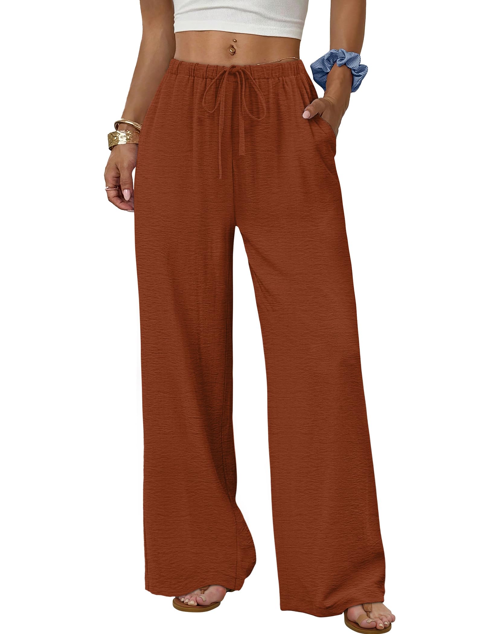 Sampeel Wide Leg Pants for Women Flowy Palazzo Drawstring Elastic Waist Trousers with Pockets Summer Beach Vacation Clothes
