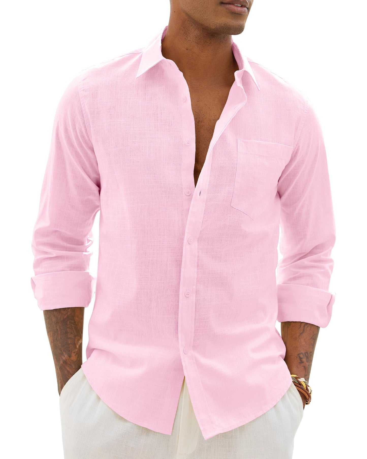 Alimens & Gentle Mens Cotton Linen Textured Shirt Long Sleeve Button Down Shirts Casual Summer Beach Wedding Tops with Pocket