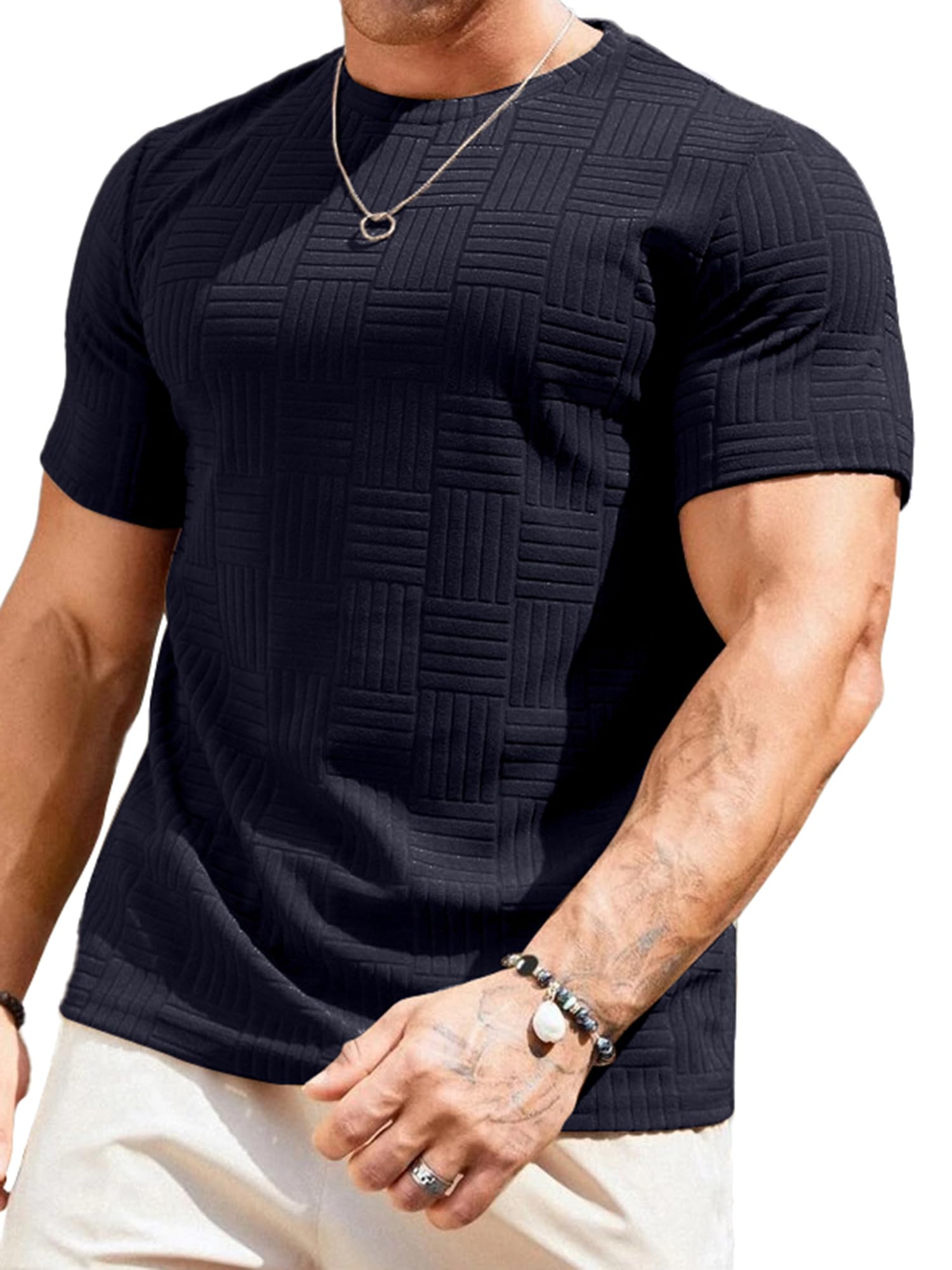 JMIERR Mens T-Shirt Casual Stretch Solid Crewneck Short Sleeve Tees Textured Shirts