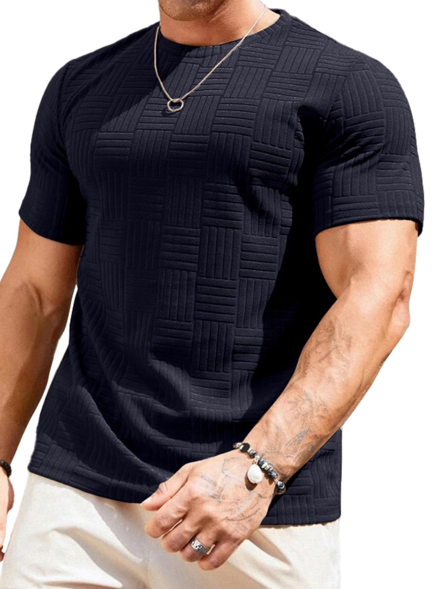 JMIERR Mens T-Shirt Casual Stretch Solid Crewneck Short Sleeve Tees Textured Shirts