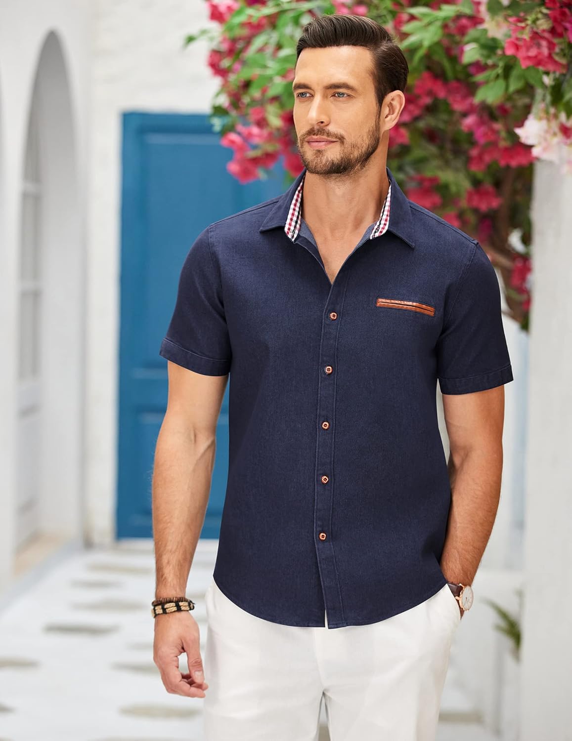 COOFANDY Men's Cotton Casual Short Sleeve Button Down Shirt Plaid Collar Denim Work Shirts