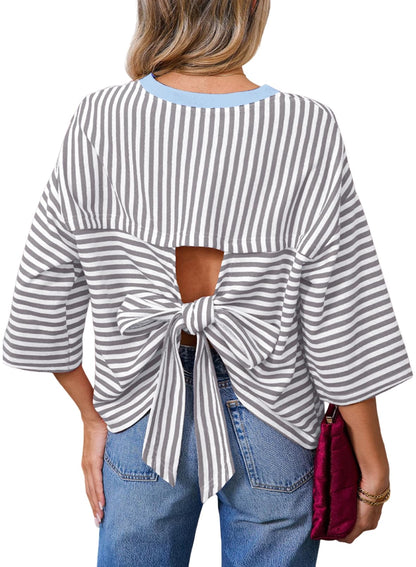 Dokotoo Womens Tops 2026 Striped Tie Back Short Sleeve T Shirts Crewneck Casual Loose Basic Tee Summer Outfits