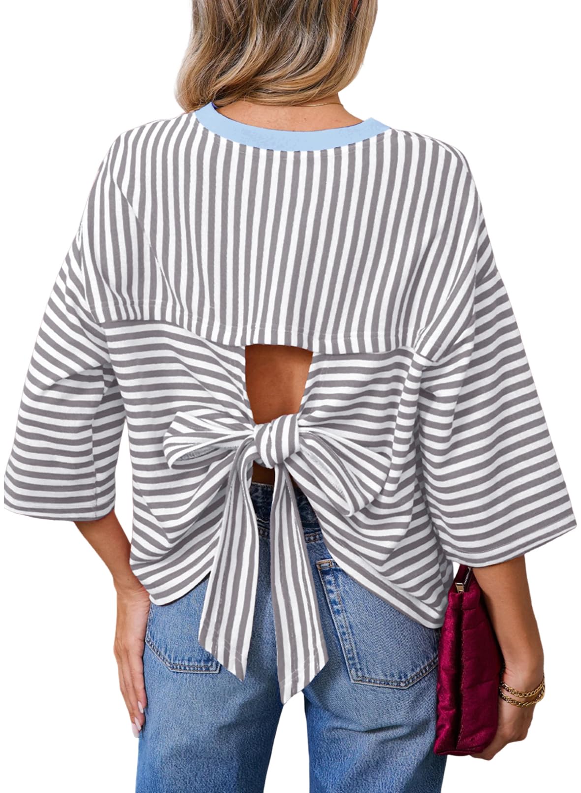 Dokotoo Womens Tops 2026 Striped Tie Back Short Sleeve T Shirts Crewneck Casual Loose Basic Tee Summer Outfits
