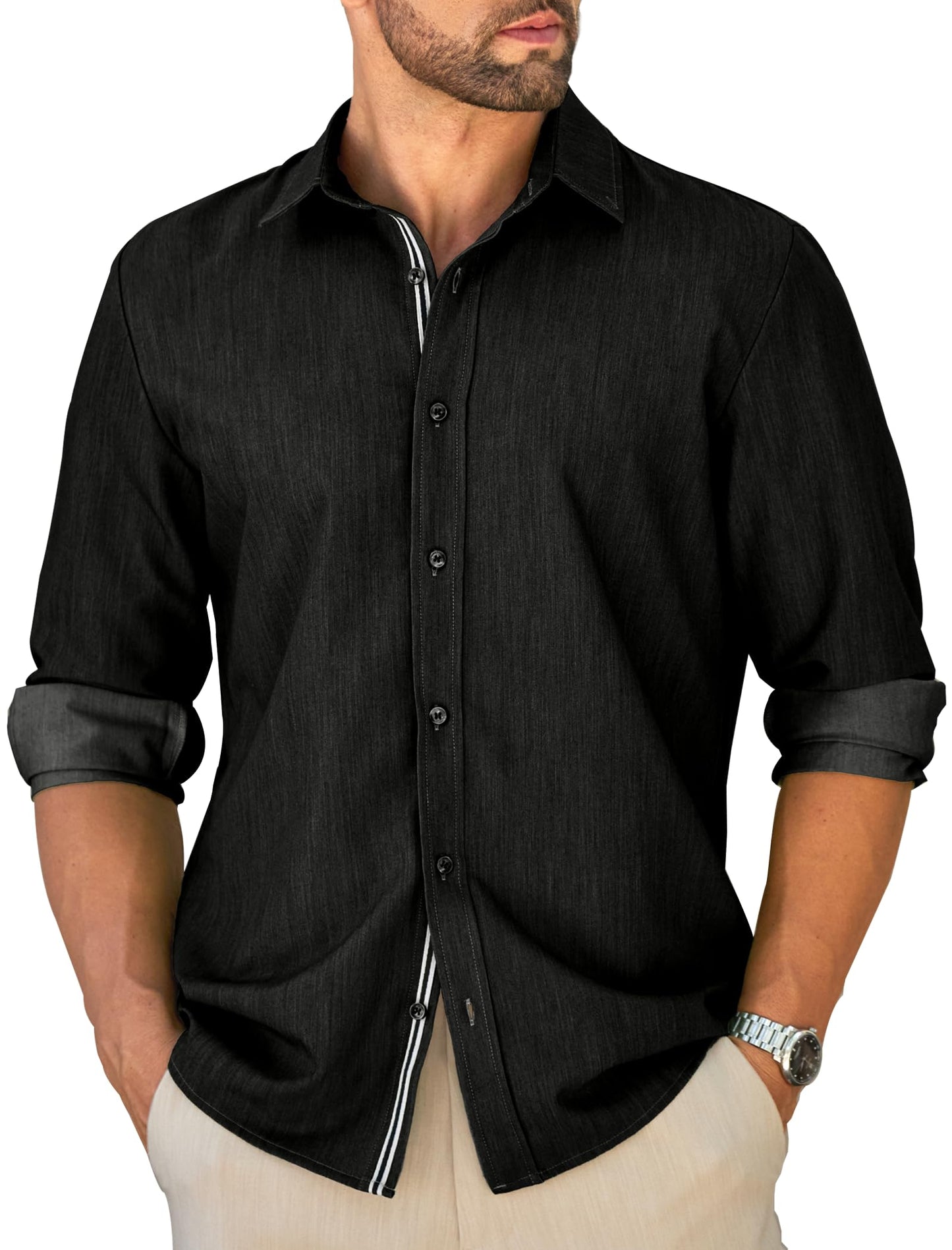 MAPICK Mens Untucked Dress Shirt Stretch Wrinkle Free Button Down Shirt Long Sleeve Business Casual Lightweight Denim Texture