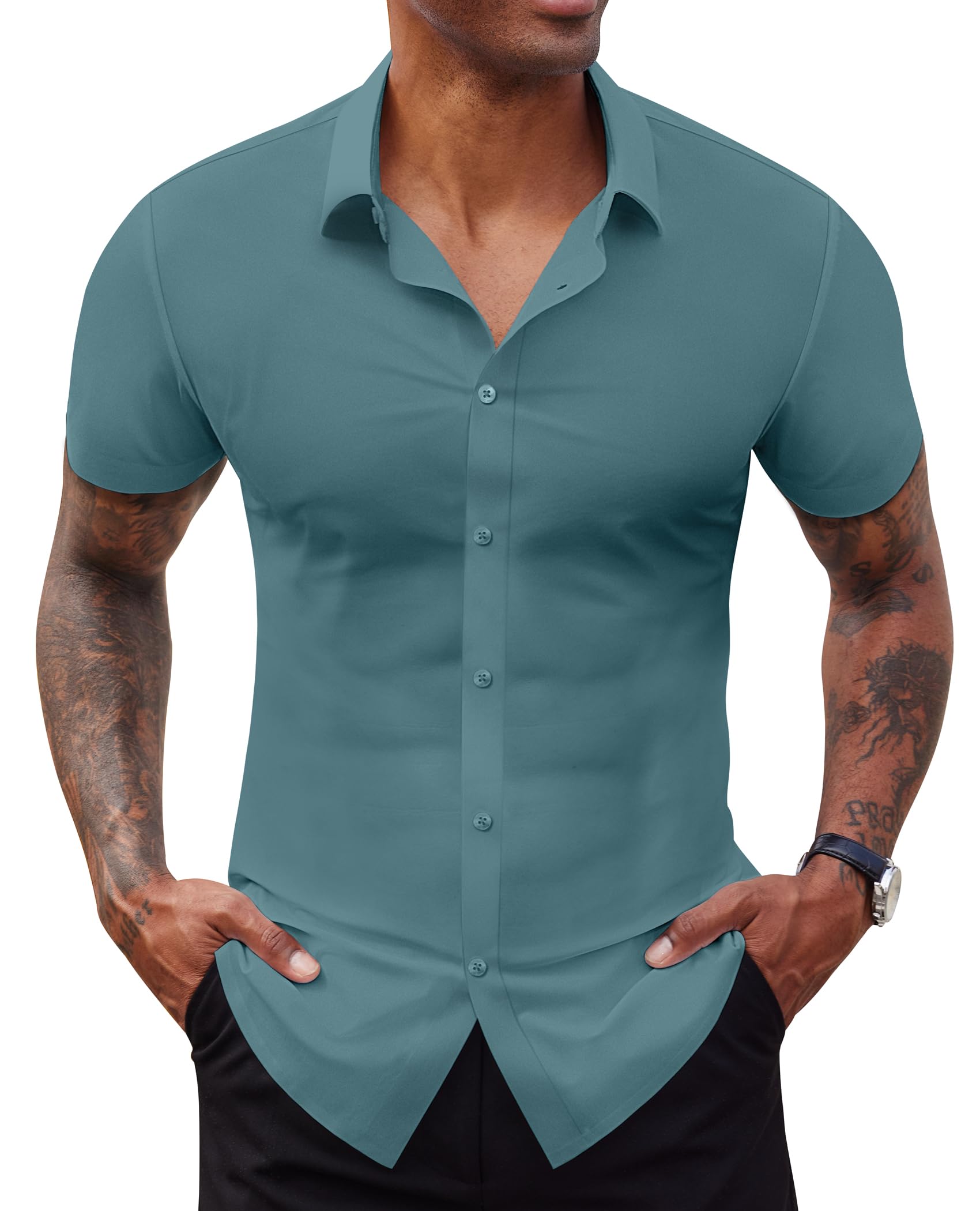 Lion Nardo Stretch Dress Shirts for Men Short Sleeve Slim Fit Casual Button Down Shirts Muscle Fit Men's Dress Shirts