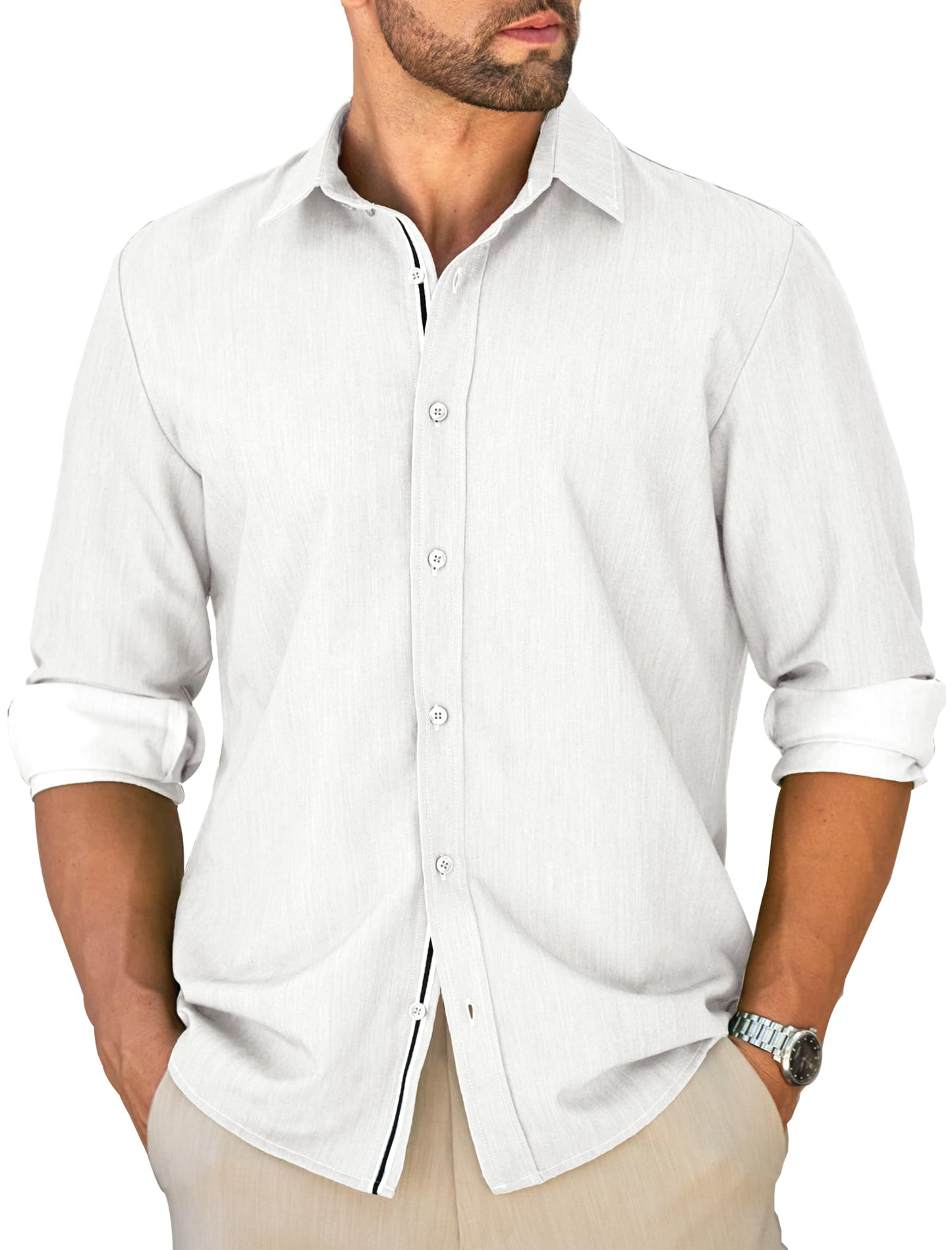 MAPICK Mens Untucked Dress Shirt Stretch Wrinkle Free Button Down Shirt Long Sleeve Business Casual Lightweight Denim Texture