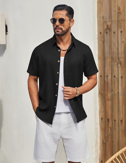 COOFANDY Mens Button Down Shirt Short Sleeve Casual Shirts Linen Textured Summer Beach Shirts