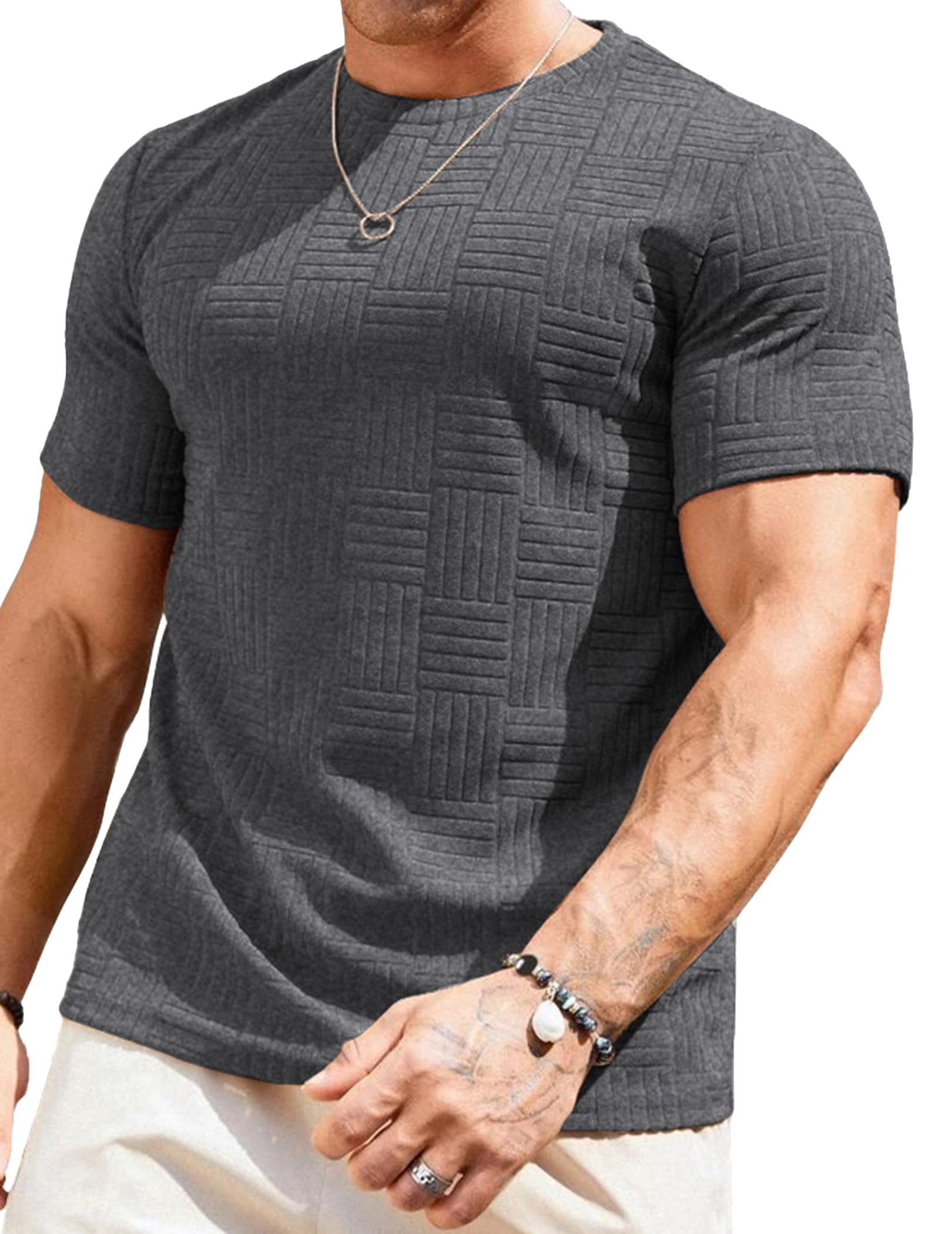JMIERR Mens T-Shirt Casual Stretch Solid Crewneck Short Sleeve Tees Textured Shirts