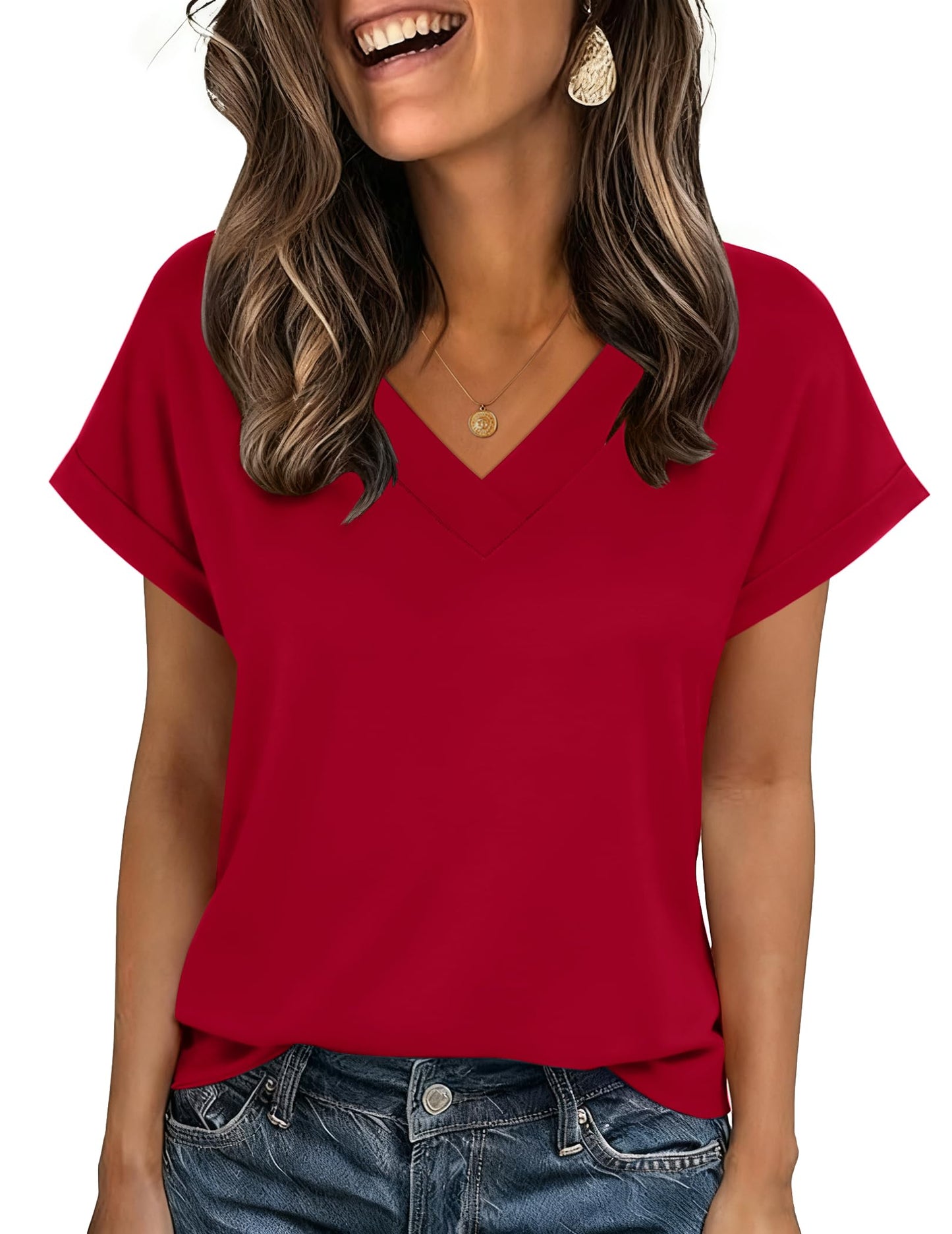Zeagoo Womens Summer Tops Rolled Short Sleeve V Neck Shirts Casual Dressy Business Work Blouses Outfits