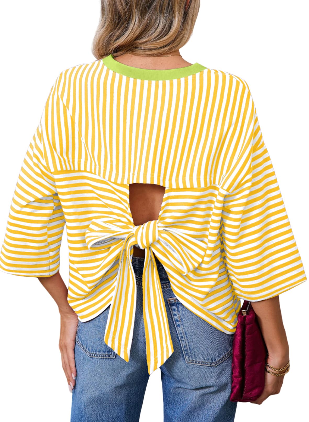 Dokotoo Womens Tops 2026 Striped Tie Back Short Sleeve T Shirts Crewneck Casual Loose Basic Tee Summer Outfits