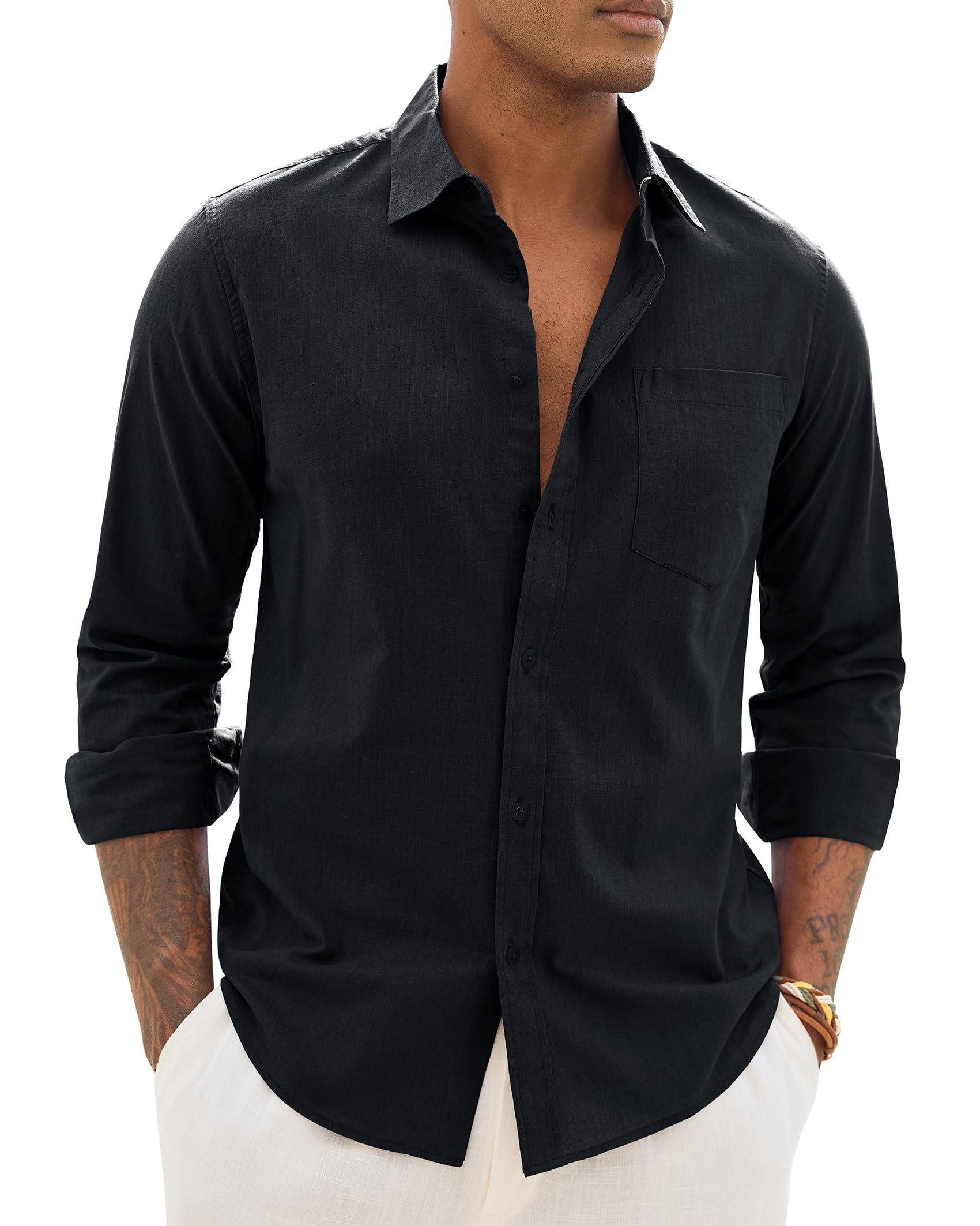 Alimens & Gentle Mens Cotton Linen Textured Shirt Long Sleeve Button Down Shirts Casual Summer Beach Wedding Tops with Pocket
