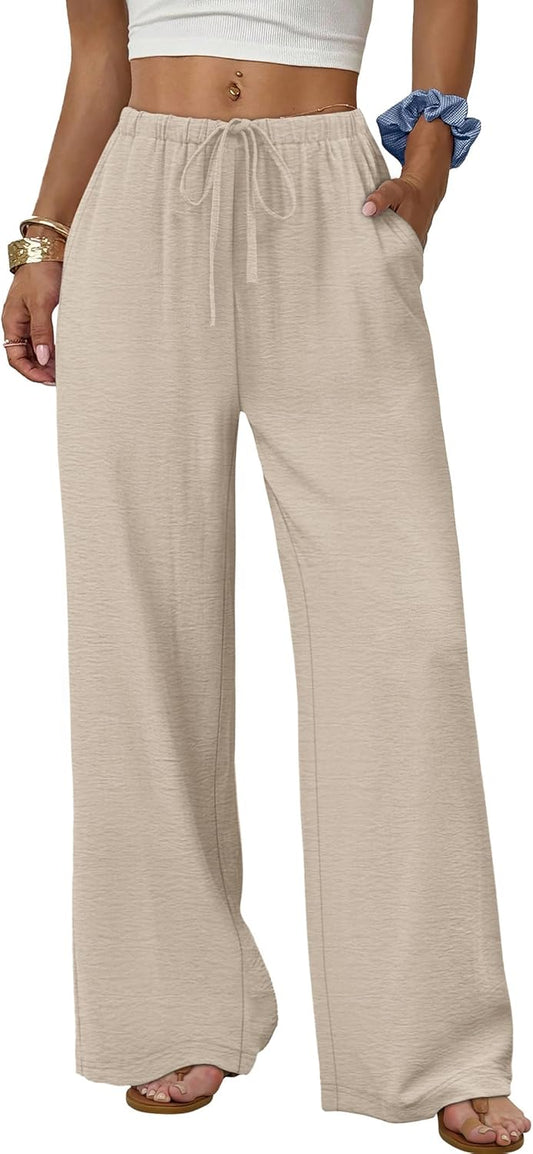 Sampeel Wide Leg Pants for Women Flowy Palazzo Drawstring Elastic Waist Trousers with Pockets Summer Beach Vacation Clothes