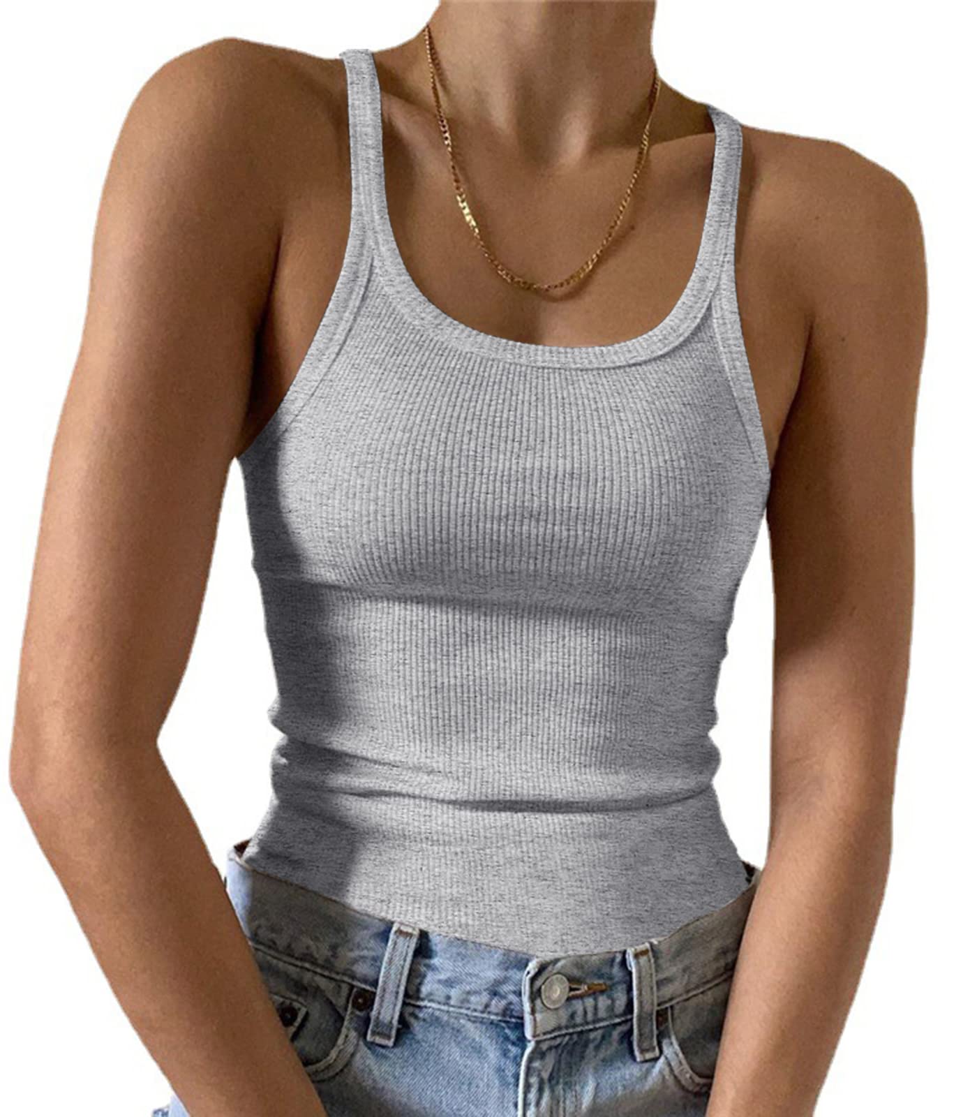 Artfish Women's Sleeveless Tank Top Form Fitting Scoop Neck Ribbed Knit Basic Cami Shirts