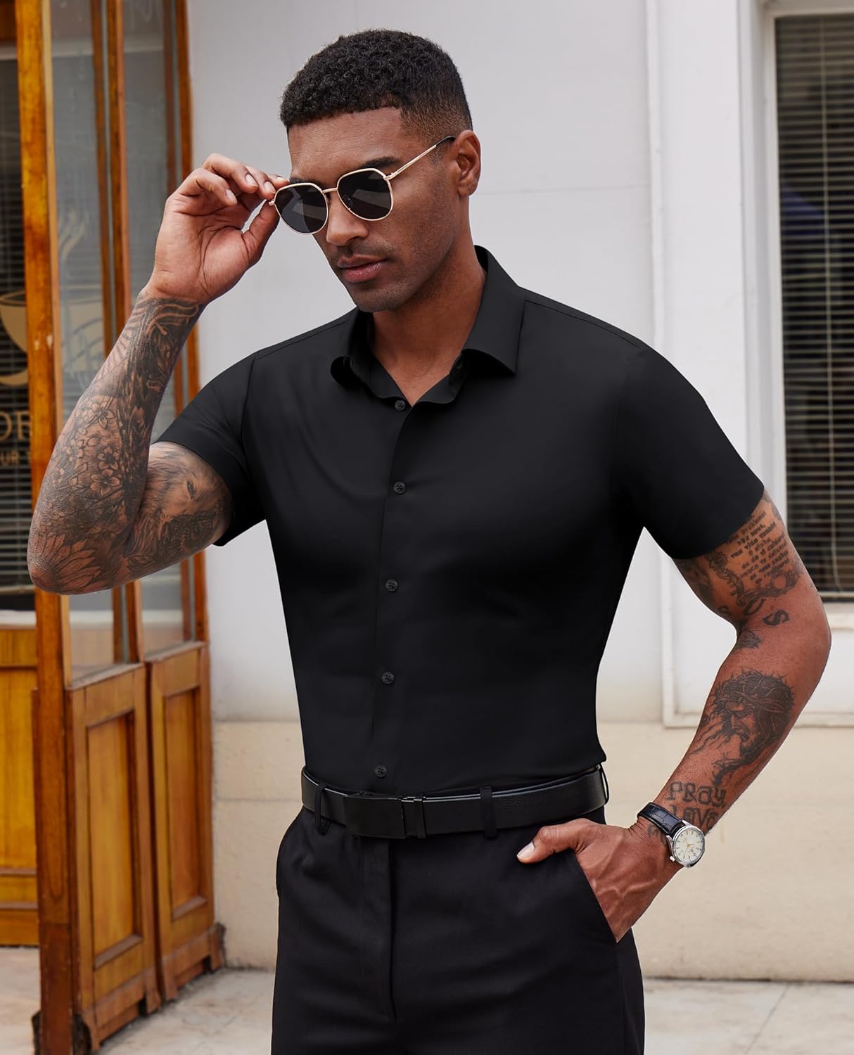 Lion Nardo Stretch Dress Shirts for Men Short Sleeve Slim Fit Casual Button Down Shirts Muscle Fit Men's Dress Shirts