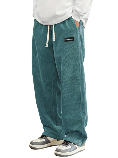 Hidkat Mens Corduroy Casual Pants Fashion Loose Fit Wide Leg Pants Straight Sweatpants Elastic Waist Drawstring