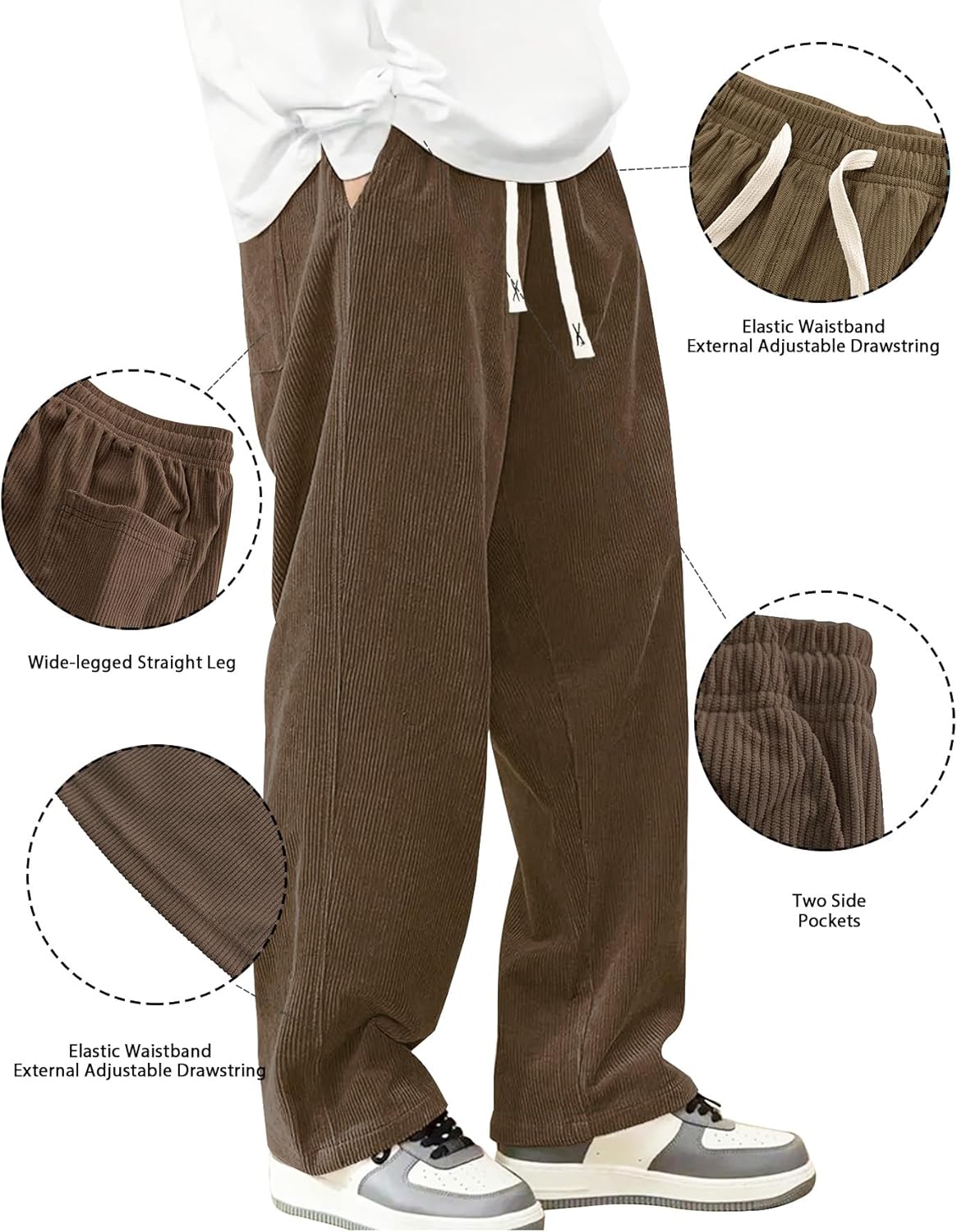 Hidkat Mens Corduroy Casual Pants Fashion Loose Fit Wide Leg Pants Straight Sweatpants Elastic Waist Drawstring