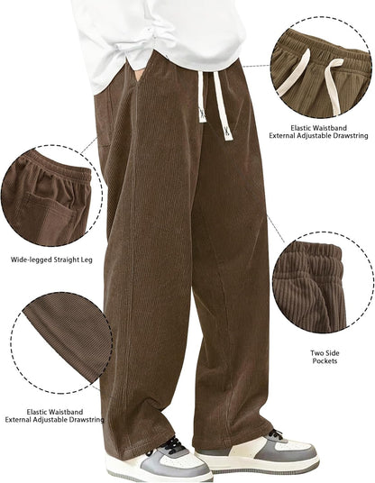 Hidkat Mens Corduroy Casual Pants Fashion Loose Fit Wide Leg Pants Straight Sweatpants Elastic Waist Drawstring