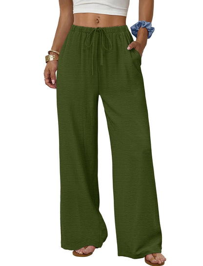 Sampeel Wide Leg Pants for Women Flowy Palazzo Drawstring Elastic Waist Trousers with Pockets Summer Beach Vacation Clothes