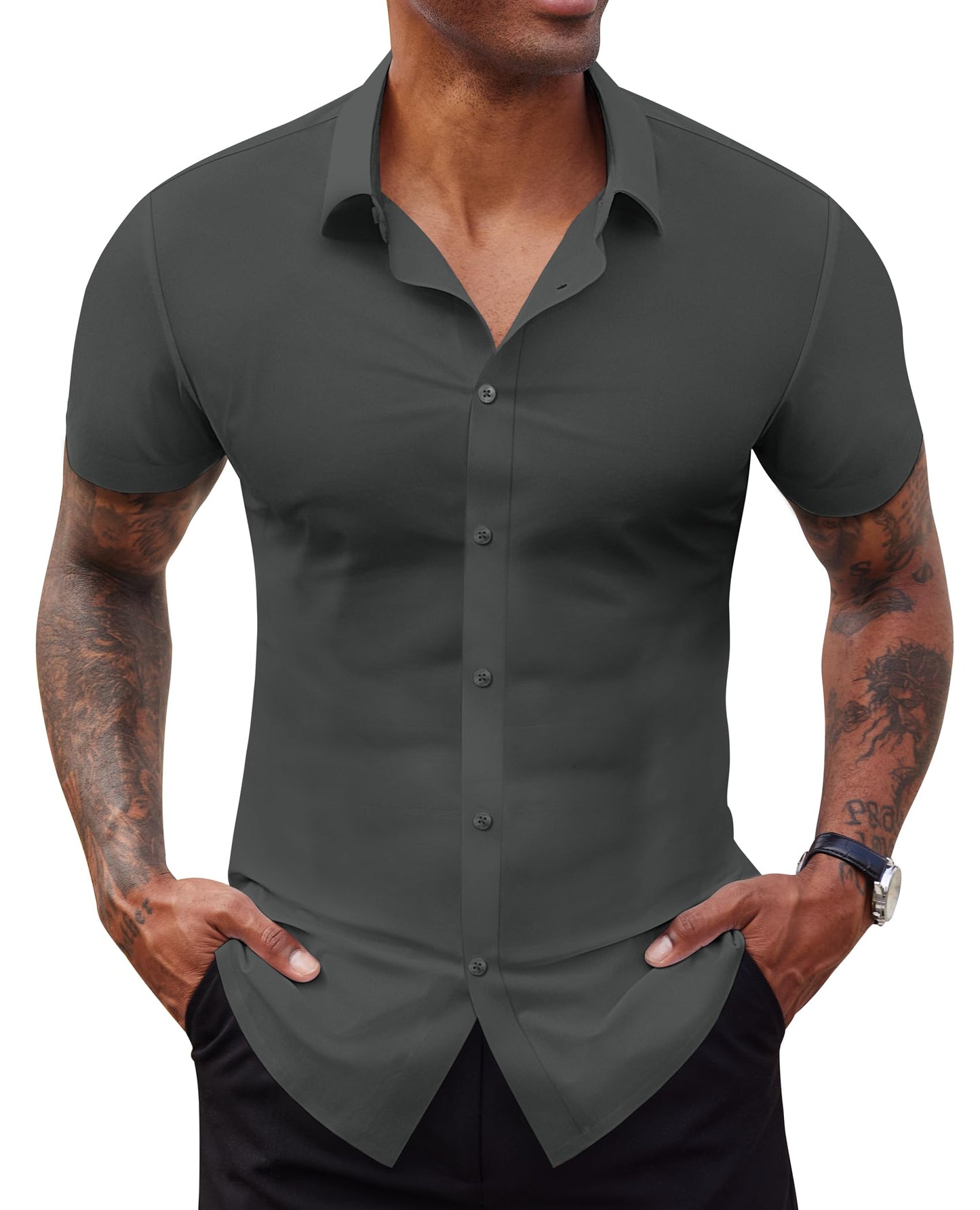 Lion Nardo Stretch Dress Shirts for Men Short Sleeve Slim Fit Casual Button Down Shirts Muscle Fit Men's Dress Shirts