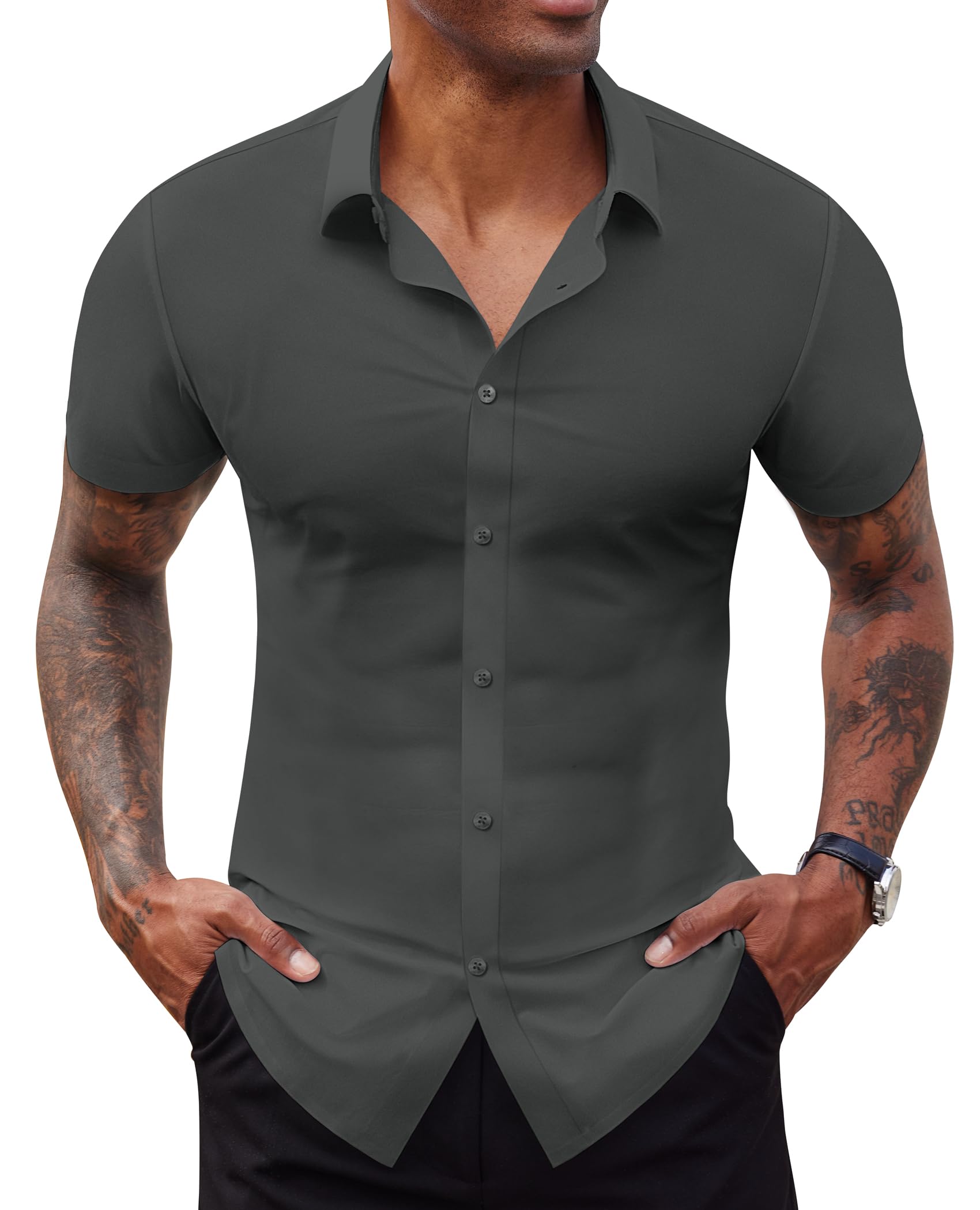 Lion Nardo Stretch Dress Shirts for Men Short Sleeve Slim Fit Casual Button Down Shirts Muscle Fit Men's Dress Shirts