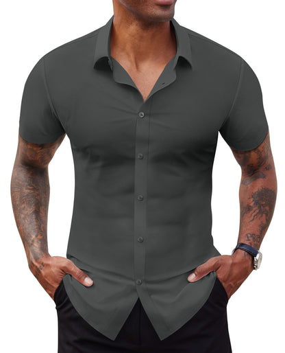 Lion Nardo Stretch Dress Shirts for Men Short Sleeve Slim Fit Casual Button Down Shirts Muscle Fit Men's Dress Shirts