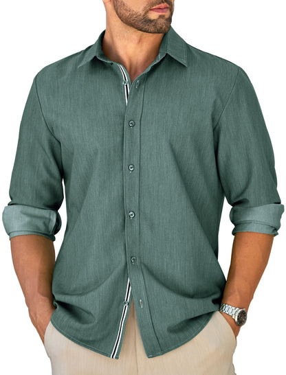 MAPICK Mens Untucked Dress Shirt Stretch Wrinkle Free Button Down Shirt Long Sleeve Business Casual Lightweight Denim Texture