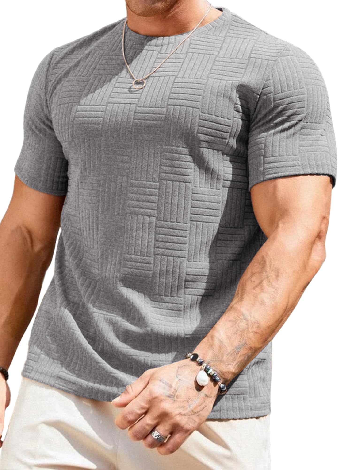 JMIERR Mens T-Shirt Casual Stretch Solid Crewneck Short Sleeve Tees Textured Shirts