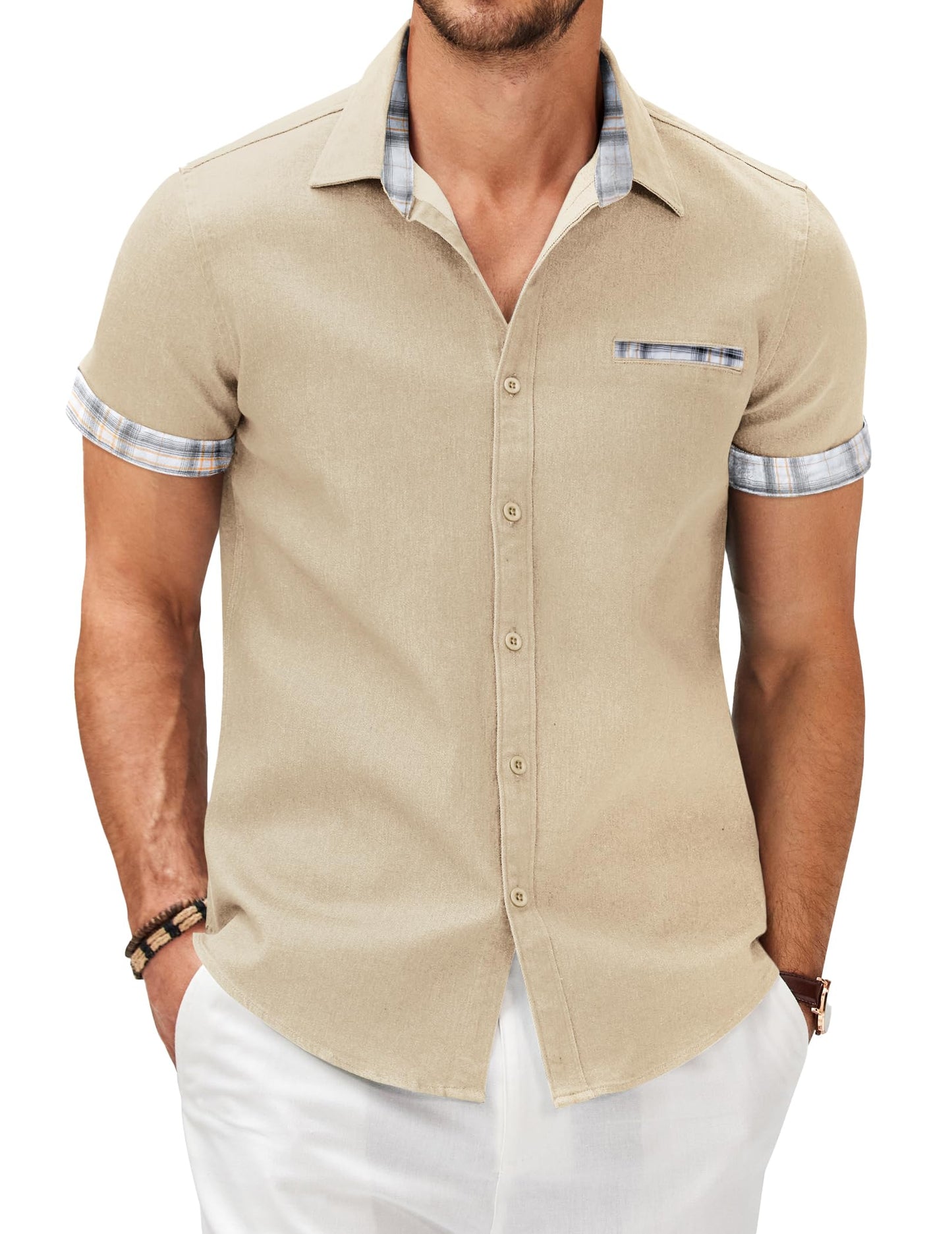 COOFANDY Men's Cotton Casual Short Sleeve Button Down Shirt Plaid Collar Denim Work Shirts