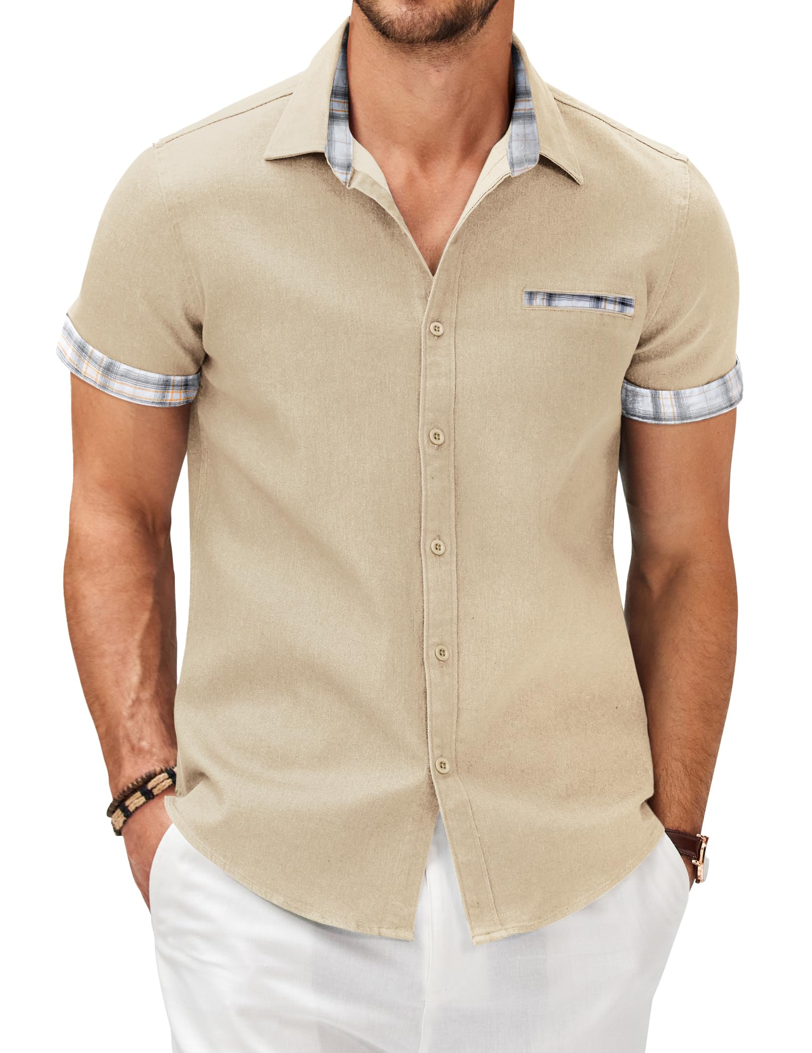 COOFANDY Men's Cotton Casual Short Sleeve Button Down Shirt Plaid Collar Denim Work Shirts