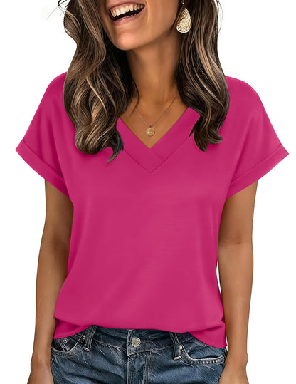 Zeagoo Womens Summer Tops Rolled Short Sleeve V Neck Shirts Casual Dressy Business Work Blouses Outfits