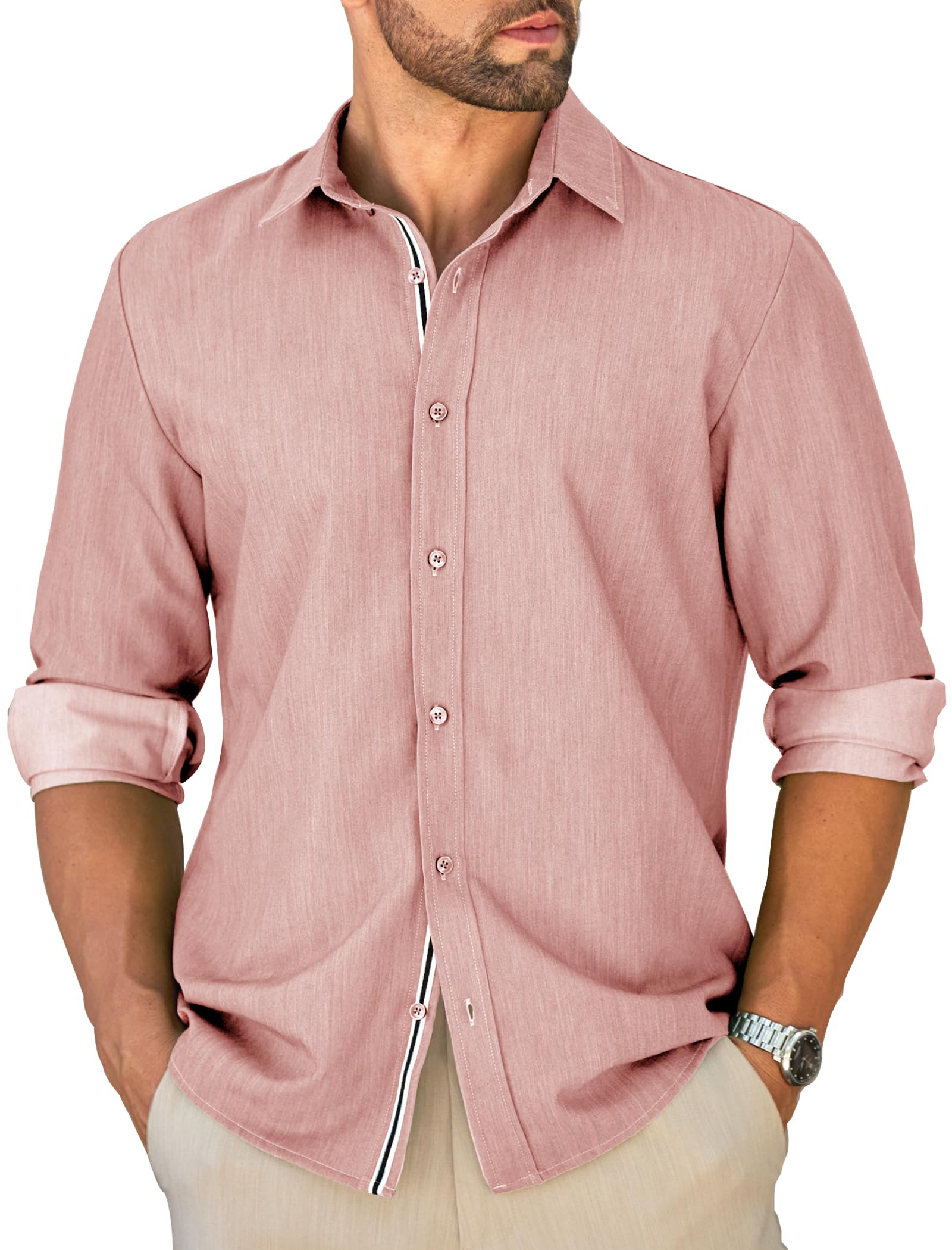 MAPICK Mens Untucked Dress Shirt Stretch Wrinkle Free Button Down Shirt Long Sleeve Business Casual Lightweight Denim Texture