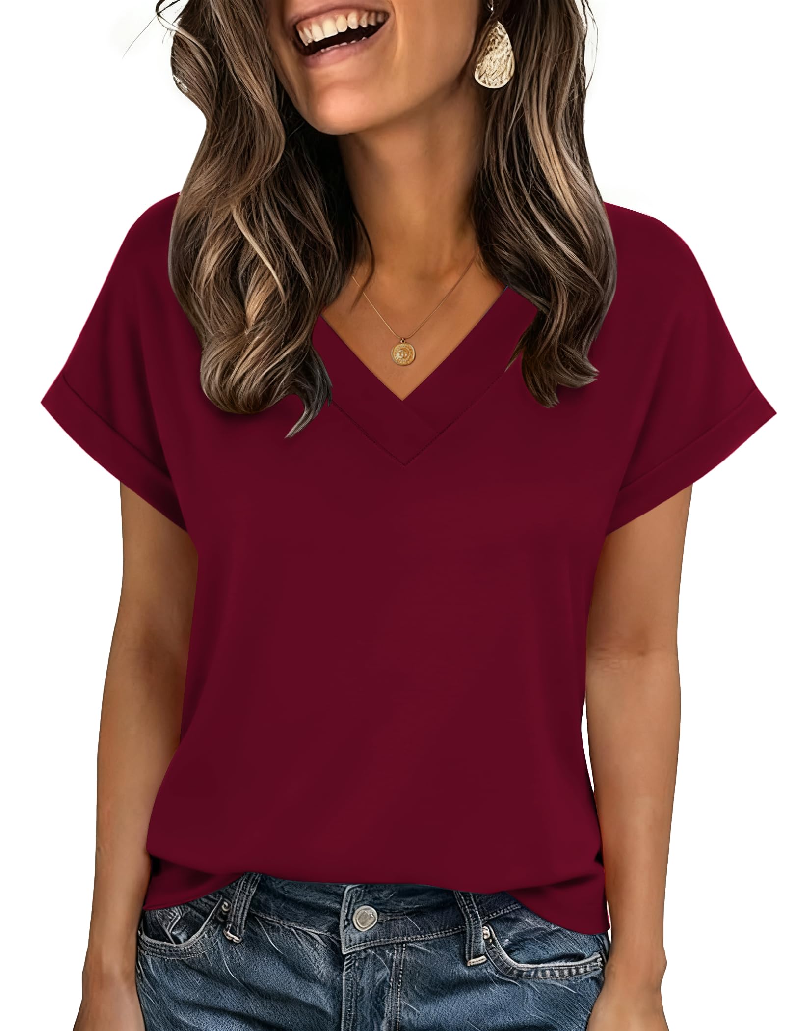 Zeagoo Womens Summer Tops Rolled Short Sleeve V Neck Shirts Casual Dressy Business Work Blouses Outfits