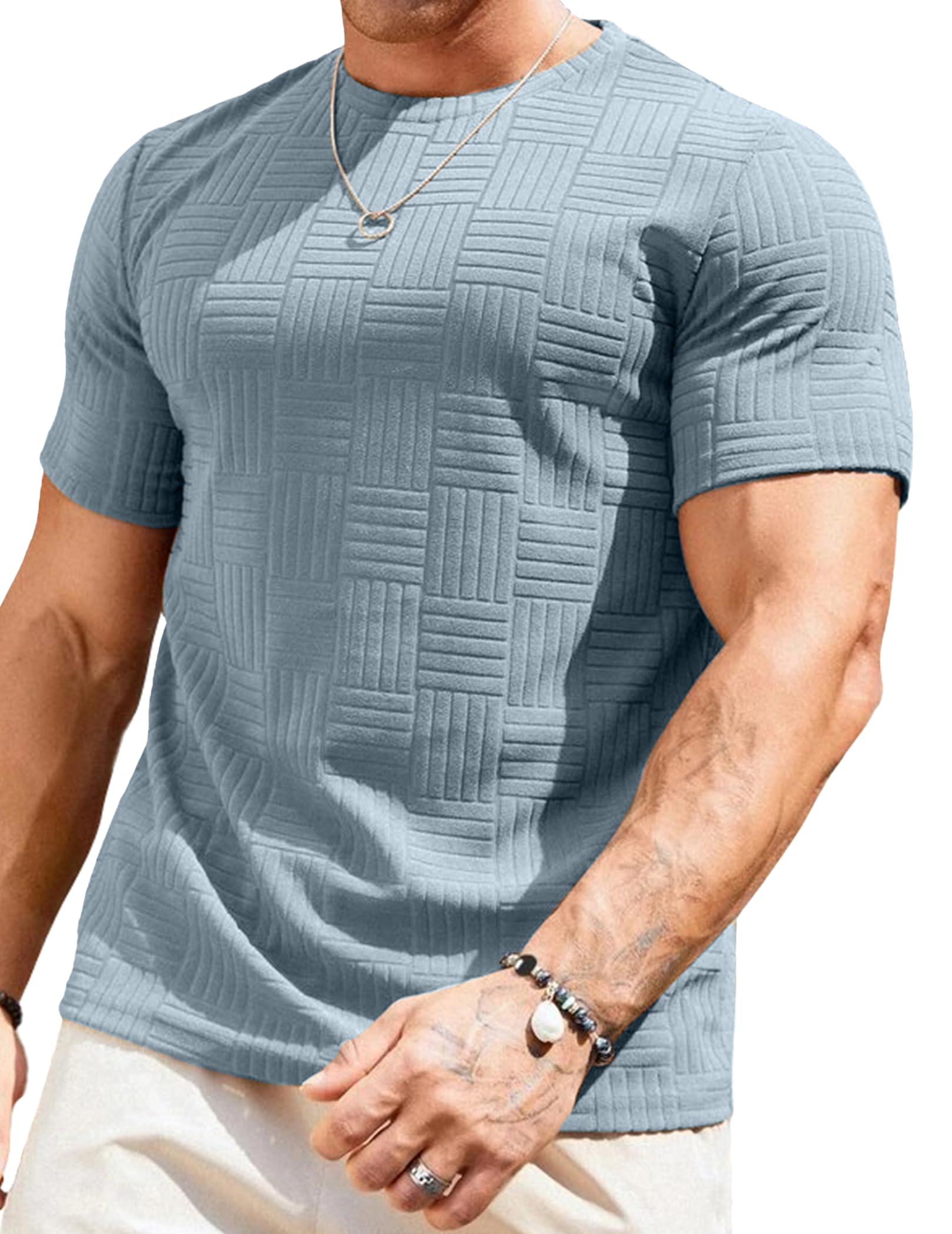 JMIERR Mens T-Shirt Casual Stretch Solid Crewneck Short Sleeve Tees Textured Shirts