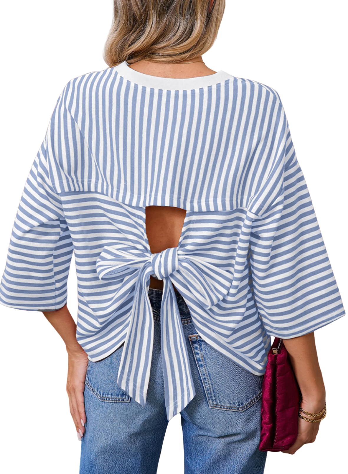 Dokotoo Womens Tops 2026 Striped Tie Back Short Sleeve T Shirts Crewneck Casual Loose Basic Tee Summer Outfits