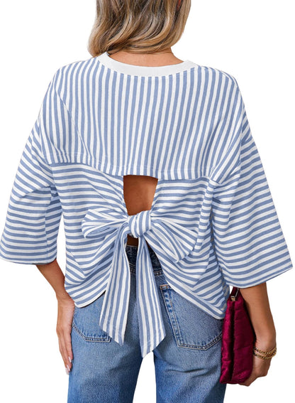 Dokotoo Womens Tops 2026 Striped Tie Back Short Sleeve T Shirts Crewneck Casual Loose Basic Tee Summer Outfits