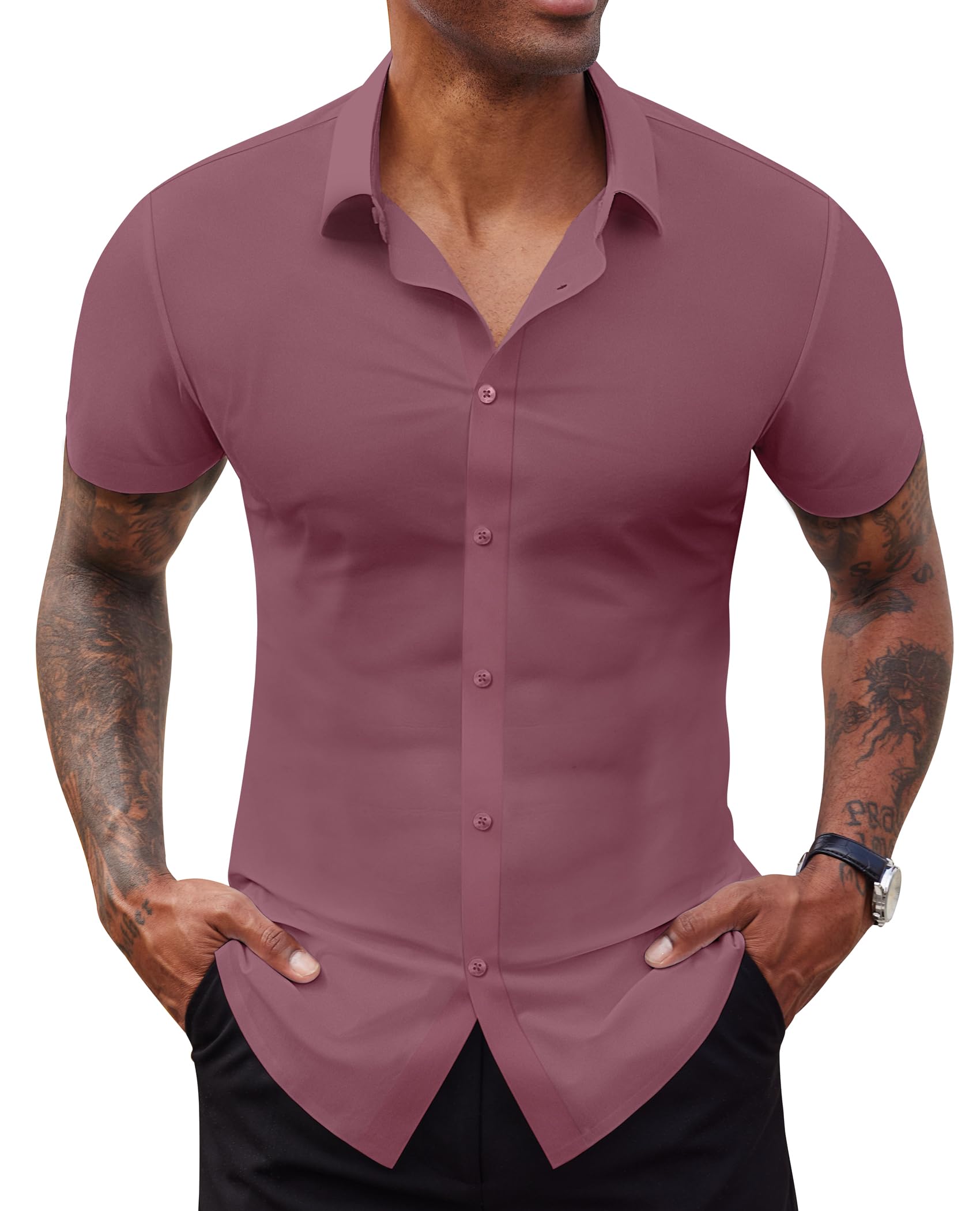 Lion Nardo Stretch Dress Shirts for Men Short Sleeve Slim Fit Casual Button Down Shirts Muscle Fit Men's Dress Shirts