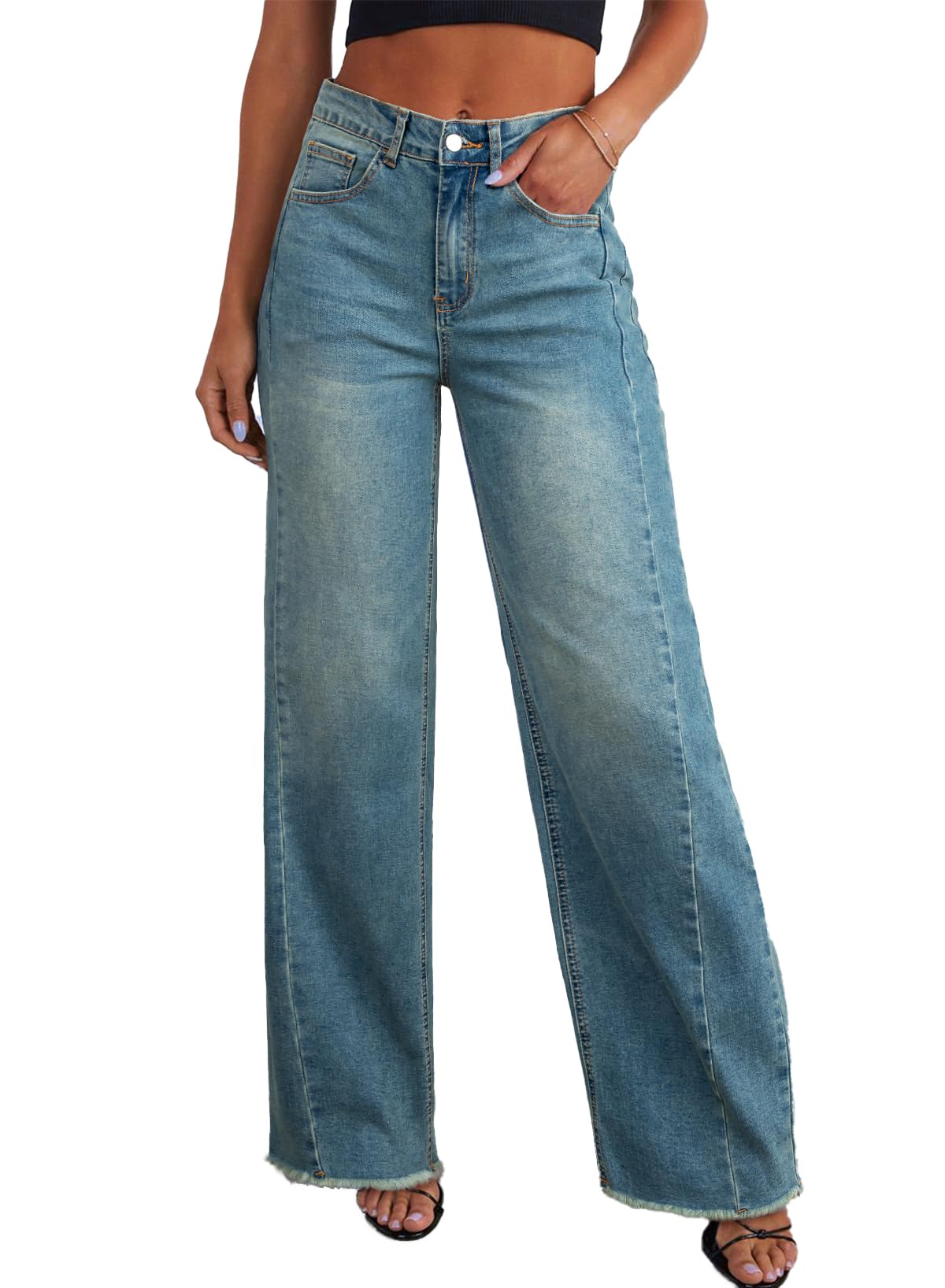 Sidefeel Women's Wide Leg Jeans High Waisted Stretchy Raw Hem Zimbaplatinum Denim Pants