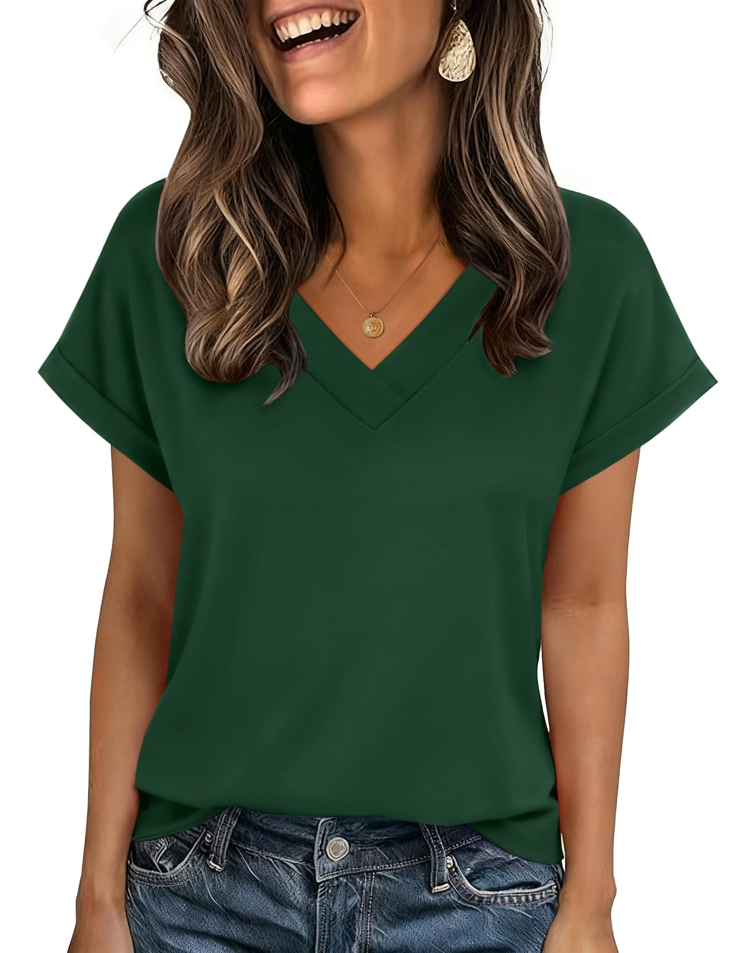 Zeagoo Womens Summer Tops Rolled Short Sleeve V Neck Shirts Casual Dressy Business Work Blouses Outfits